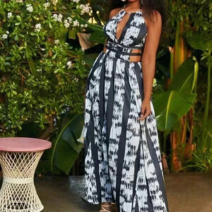 Black Boho Women's Tie-Dye Printed Cut-Out Halterneck Dress